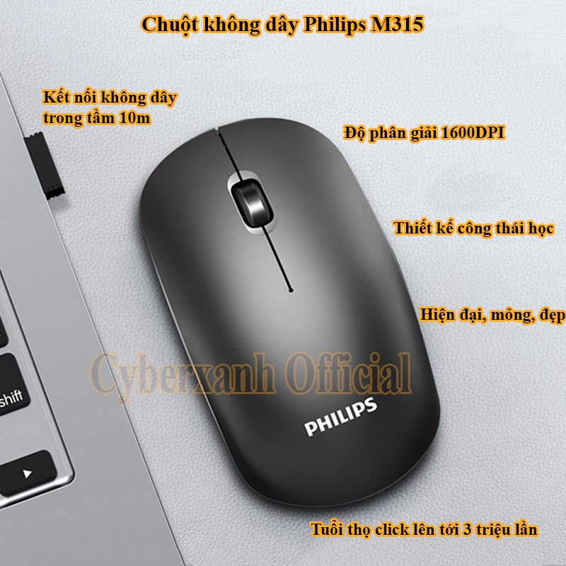 Chuột máy tính không dây silent chính hãng Philips chuyên PC Gaming Laptop Philips M315