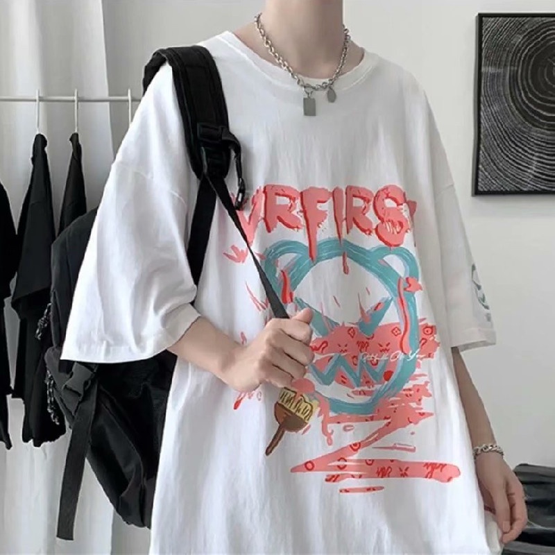Áo thun tay ngắn cổ tròn dáng rộng in họa tiết Graffiti phong cách đường phố thời trang cho nam size M-5XL