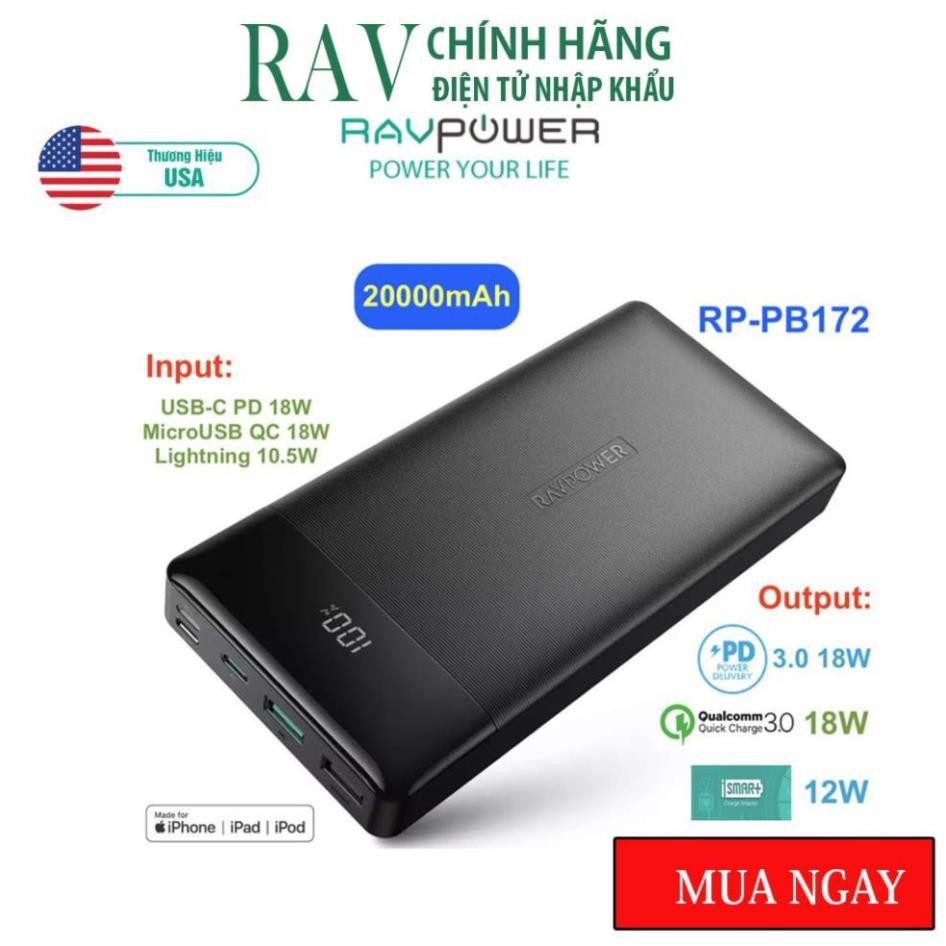 Pin sạc dự phòng RavPower RP-PB172 20000mAh, PD 3.0 18W &amp; QC 3.0 18W- THƯƠNG HIỆU USA- HÀNG CHÍNH HÃNG