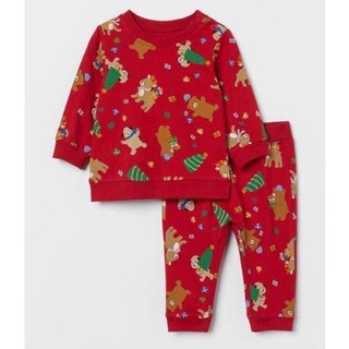 Set bộ bé unisex nỉ da cá H&M KIDS xuất xịn lót bông tay dài cổ tròn quần dài lưng thun hoạ tiết giáng sinh đỏ