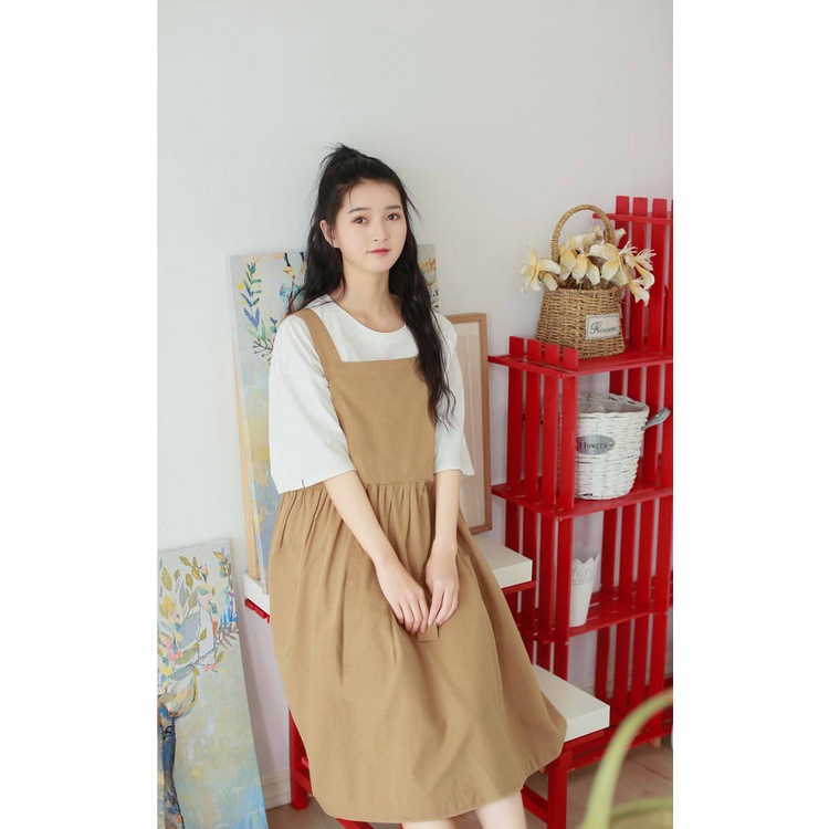 SUSV004 Set áo thun cộc tay trắng váy yếm be dáng dài qua gối Bộ áo phông không cổ đầm 2 dây bản to maxi cute dễ thương