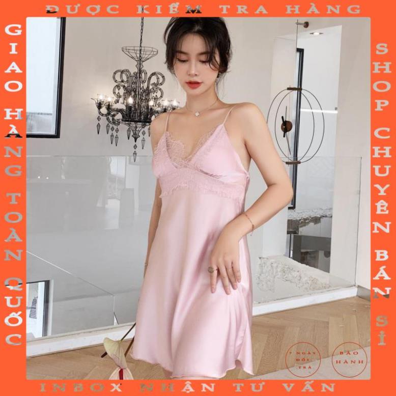 HISEXY Đầm Ngủ Lụa Satin Cao Cấp Mặc Nhà Có Mút Ngực Đủ Size Dưới 65Kg Ren 18cm MD04 tranvuong