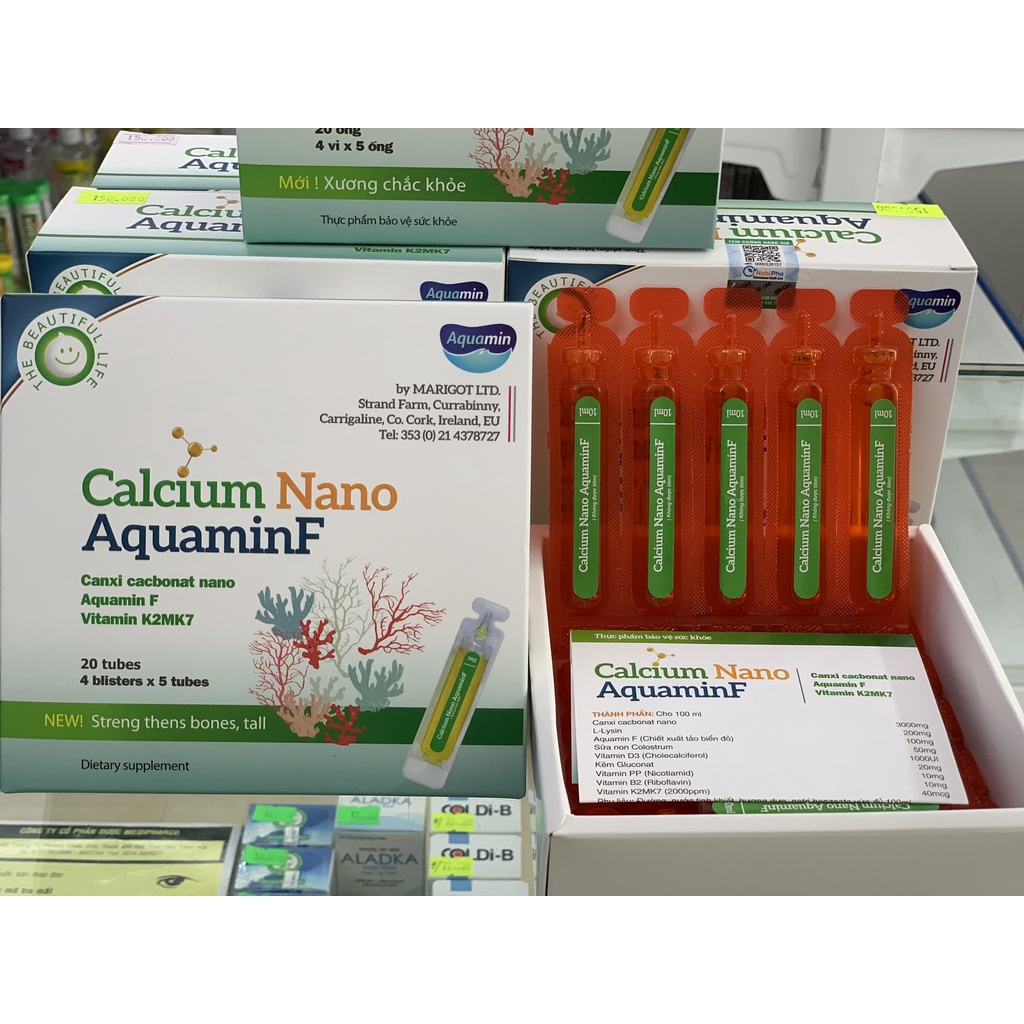 Canxi ống Calcium Nano AquaminF -Bổ sung Canxi dạng Nano,Vitamin D3,VitaminK2 ..Cho cơ thể ,giúp xương răng chắc khỏe