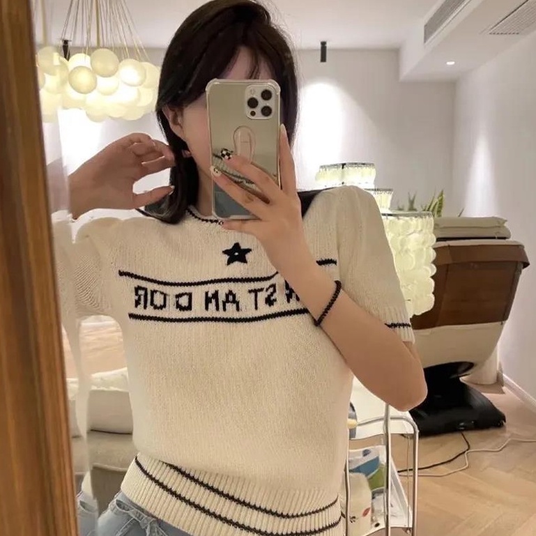 Áo dệt kim tay ngắn họa tiết ngôi sao năm cánh sáng tạo 2023