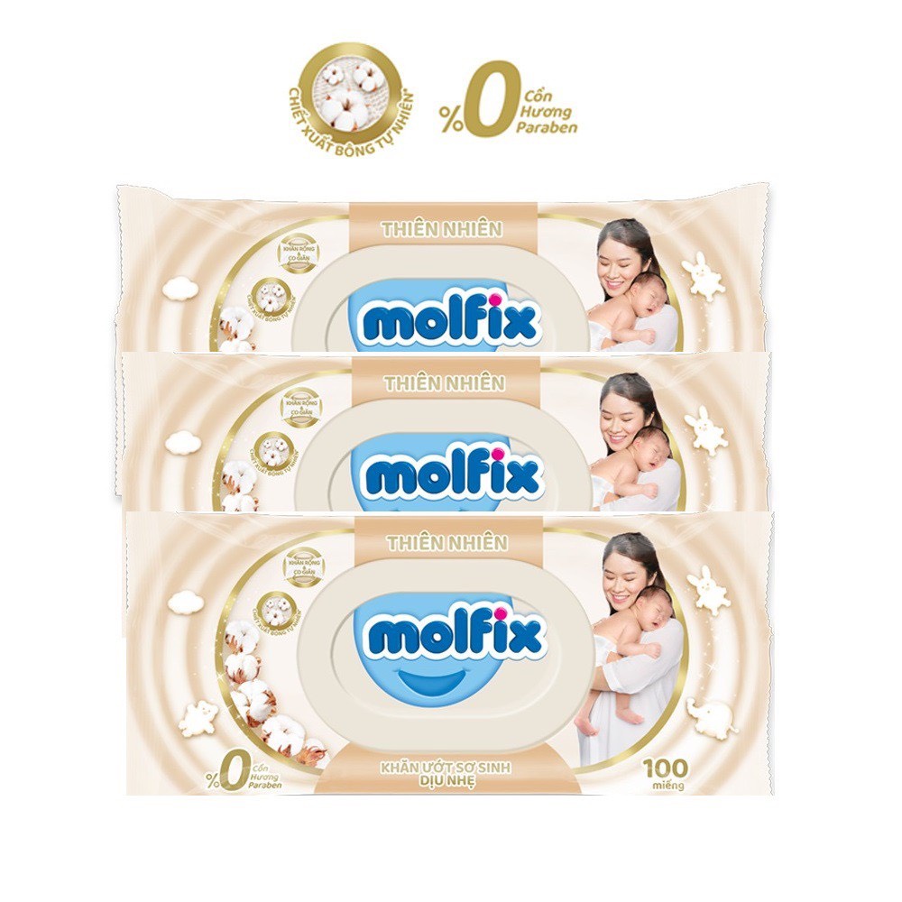 Khăn ướt trẻ em organic KHÔNG CỒN Molfix- Sơ Sinh Dịu Nhẹ- Gói loại 100 miếng