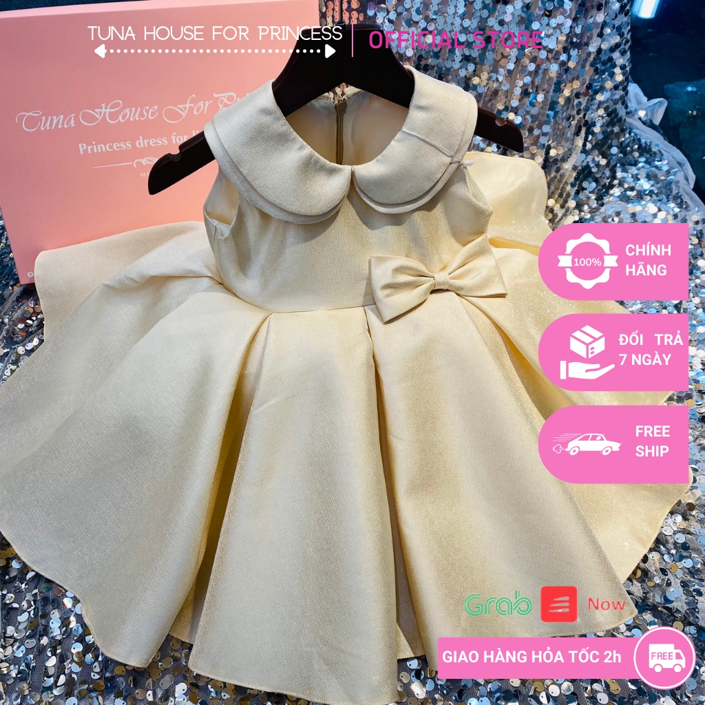 Váy đầm xoè công chúa thiết kế cho bé gái cổ sen sát nách màu kem xinh xắn - Tuna House For Princess