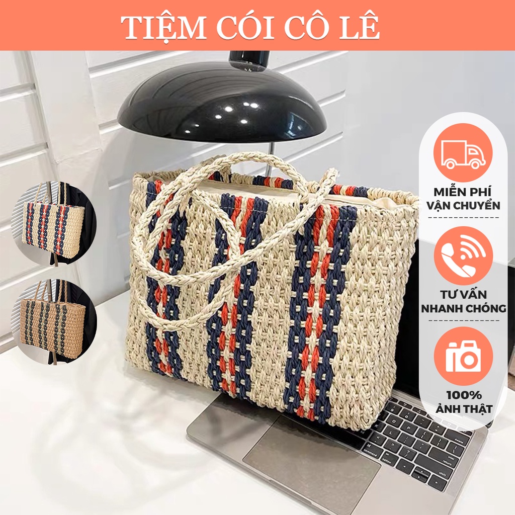 Túi cói đi biển cỡ lớn họa tiết sọc cổ điển - Tiệm Cói Cô Lê