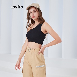 Áo ngực thể thao Lovito màu trơn ôm dáng không gọng cúp 3/4 lệch vai không đường may L04023 (Màu đen)