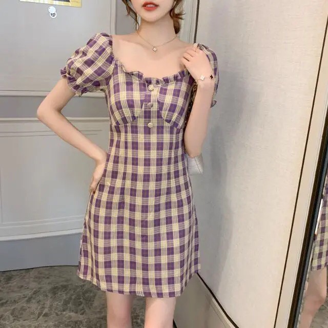 Váy Nữ Cộc Tay Kẻ Caro, Đầm Nữ Kẻ Ô Phong Cách Hàn Quốc Moda.H | BigBuy360 - bigbuy360.vn