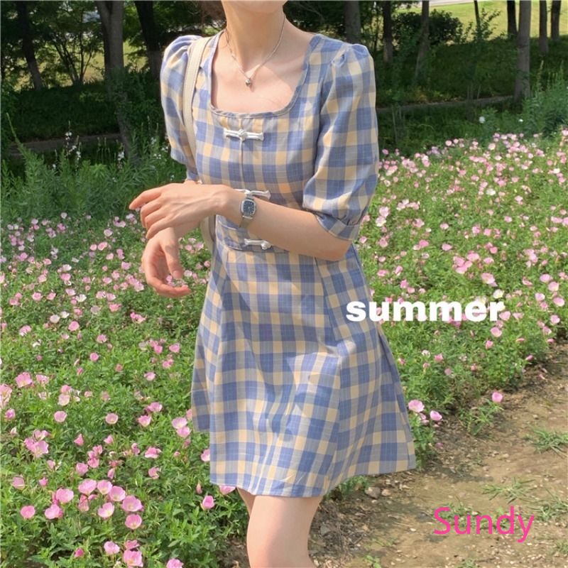 Women's Summer Short Sleeve Plaid Dress