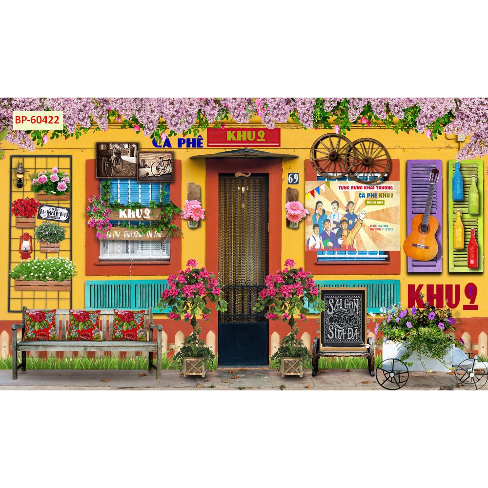 Tranh dán tường quán ăn Quán Cafe, Trà Sữa, Trang Trí Cửa Hàng