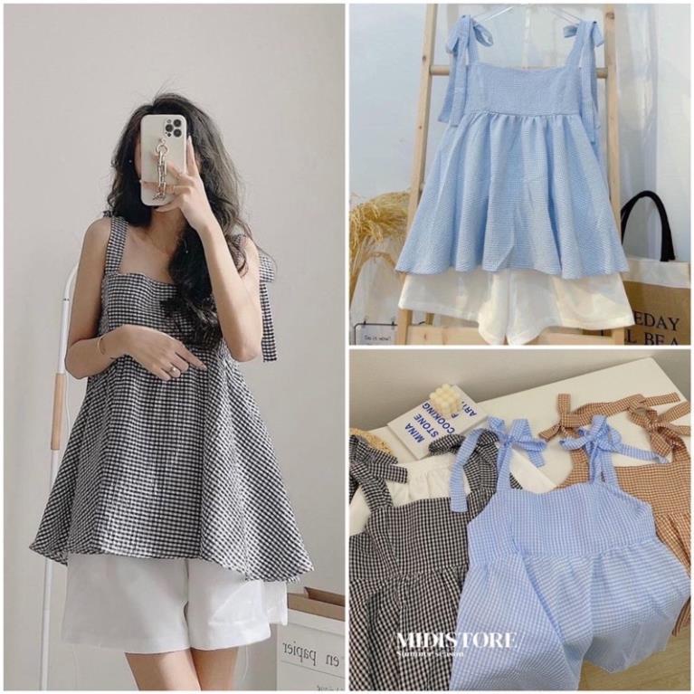 Set Áo Babydoll 2 Dây Kẻ Caro Xanh Xốp Kèm Quần Short Trắng(Hàng Sẵn, Ảnh Thật)