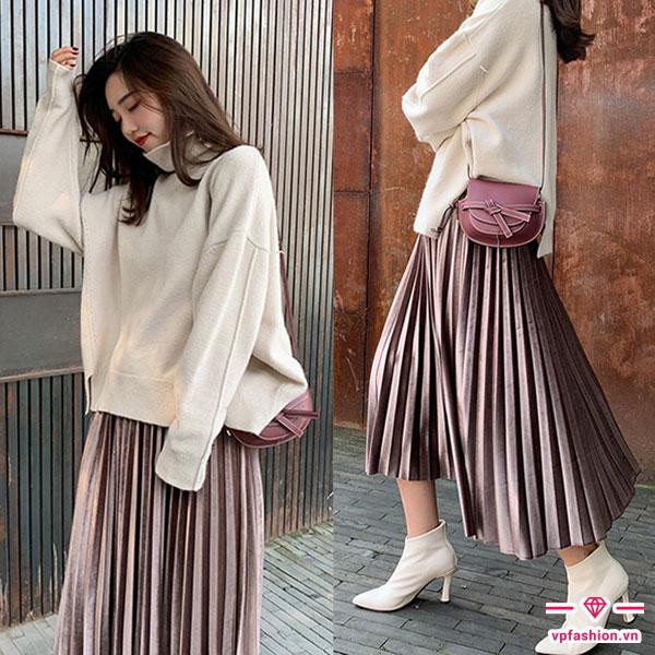 4 Chân Nhung Váy Dập Ly(4 màu)