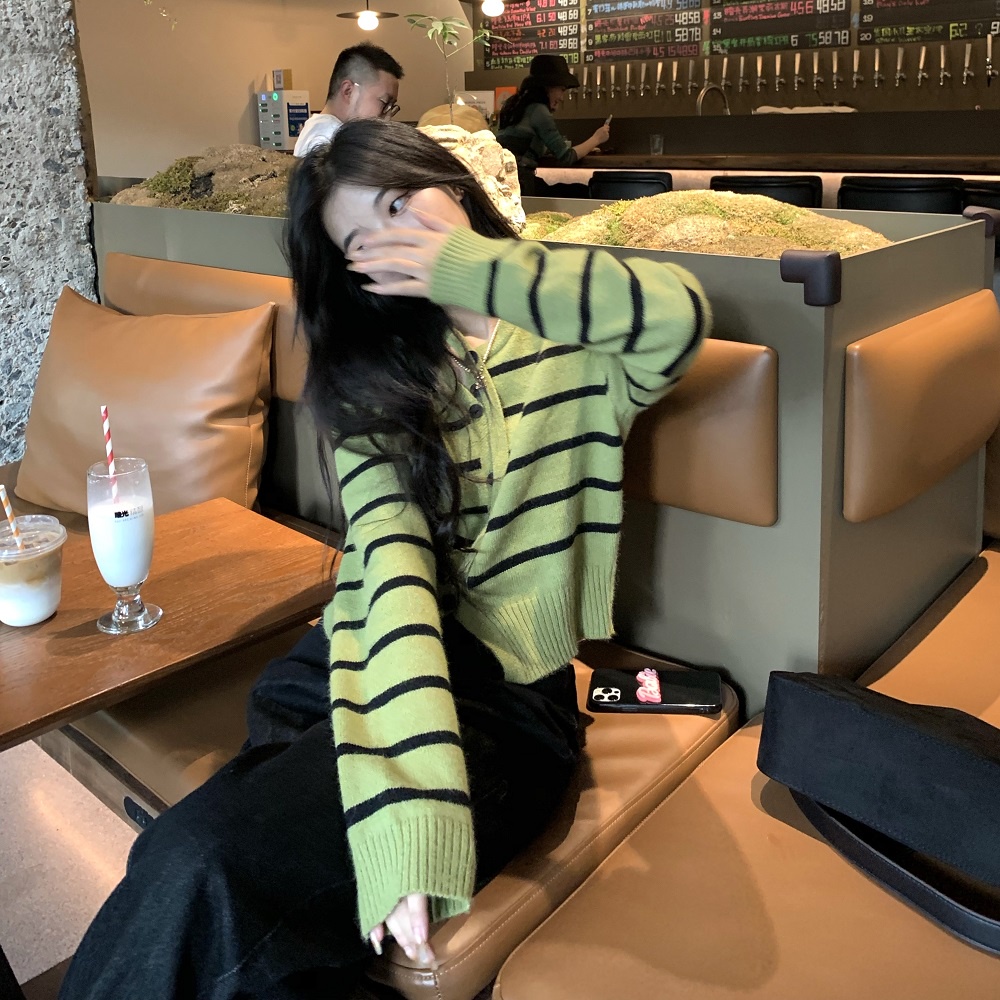 Áo cardigan ZHELIHANGFEI dệt kim tay dài lưng cao kẻ sọc thiết kế quyến rũ cá tính