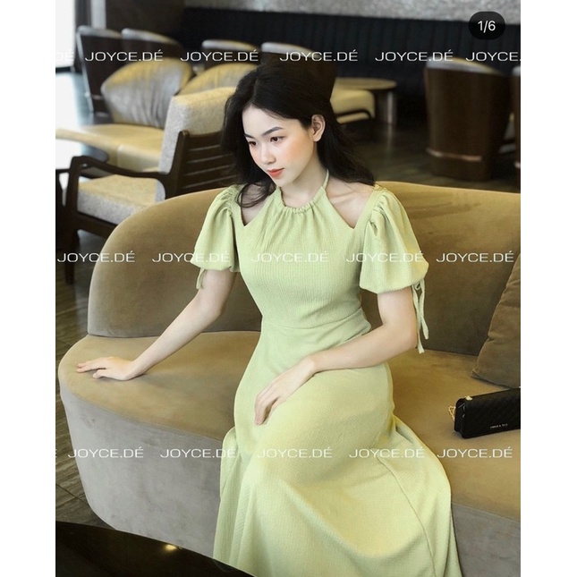 MAXI Xanh Bơ Cổ Yếm Khoét Vai Trendy. Đầm Cổ Yếm Trendy.