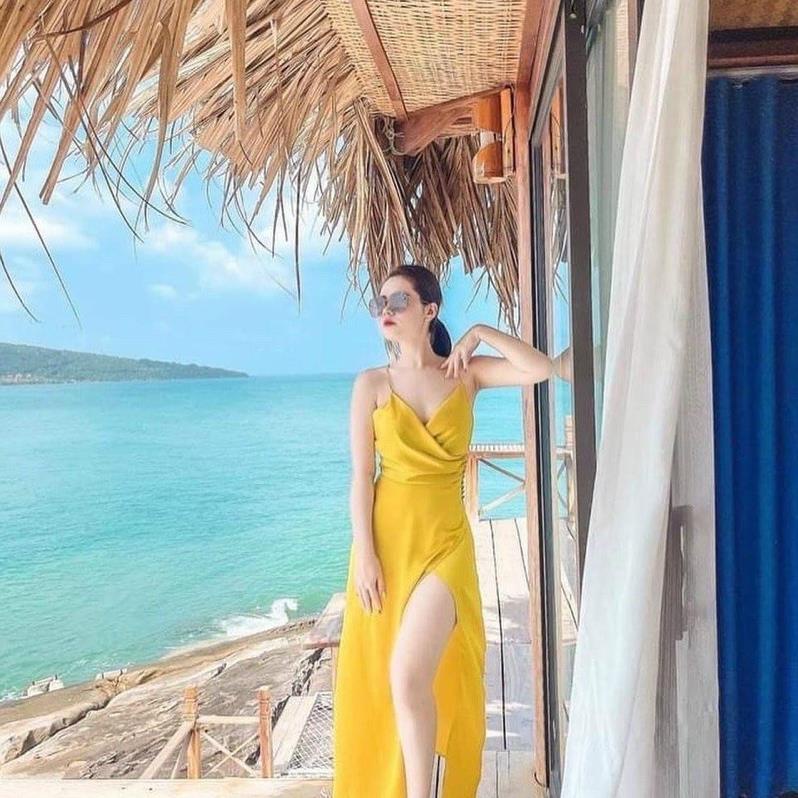 Đầm Đi Biển - Váy Đầm Maxi Hai Dây Đan Chéo Dây Lưng Cài Nút Eo Xẻ Tà Thiết Kế (Ảnh thật)