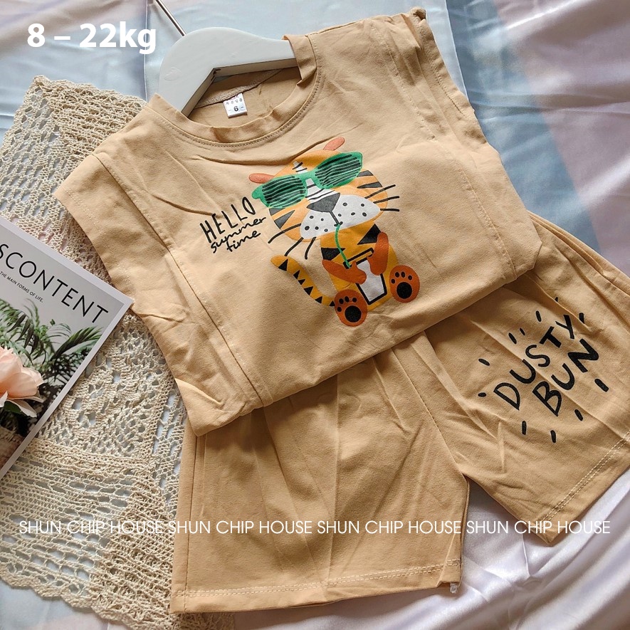 Bộ hè bé trai 1 2 3 4 5 6 tuổi màu be áo tanktop họa tiết con báo quần đùi size từ 8-22kg quần áo trẻ em SHUN CHIP HOUSE