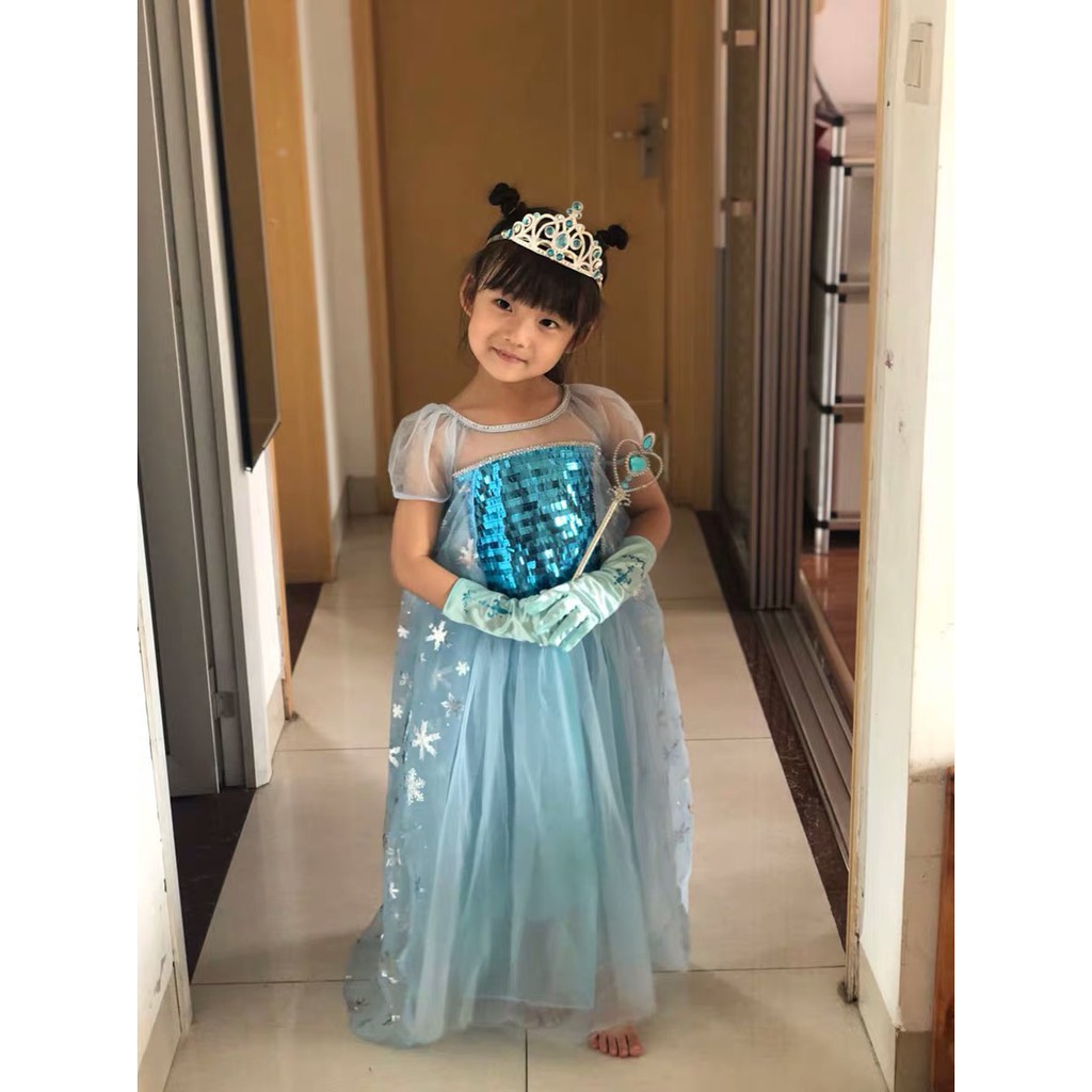 Váy đầm công chúa Elsa bé gái + vương miện + đũa thần