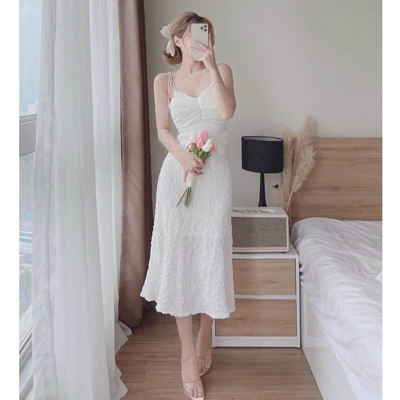 Set Váy Nữ,đầm 2 Dây Xôp Kèm Áo Khoác Thiết Kế Dáng Dài Midi Tiểu Thư Dự Tiệc Đi Biển Sang Chảnh Thời Trang [xm Minh