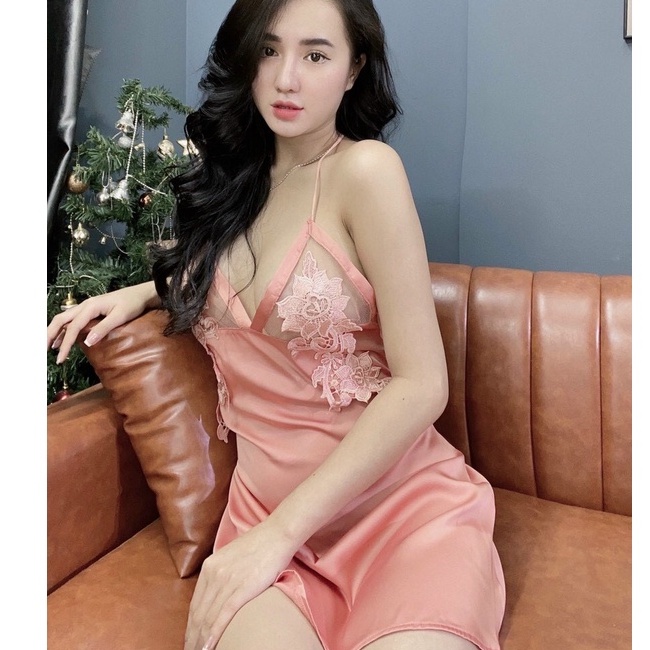 Đồ ngủ sexy / Đầm 2 dây sexy phối hoa ngực, chất liệu satin cao cấp loại 1, kèm quần đùi so cute, freesize dưới 55kg Sex | BigBuy360 - bigbuy360.vn