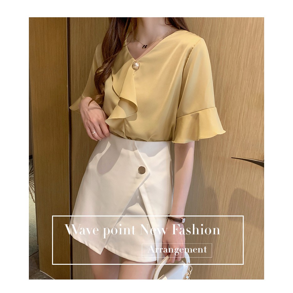 Korean Elegant Ruffle V Neck Casual Blouse Women Summer Flare Short Sleeve Shirt Yellow White Pink | BigBuy360 - bigbuy360.vn