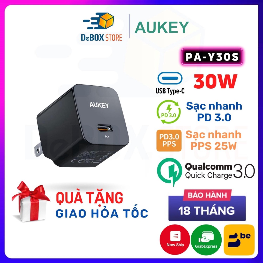 【Giao Hỏa Tốc】Cốc sạc nhanh AUKEY PD PPS 30W PA-Y30S | SẠC NHANH DÀNH CHO IP 13 Series - Chính Hãng BH 18 Tháng