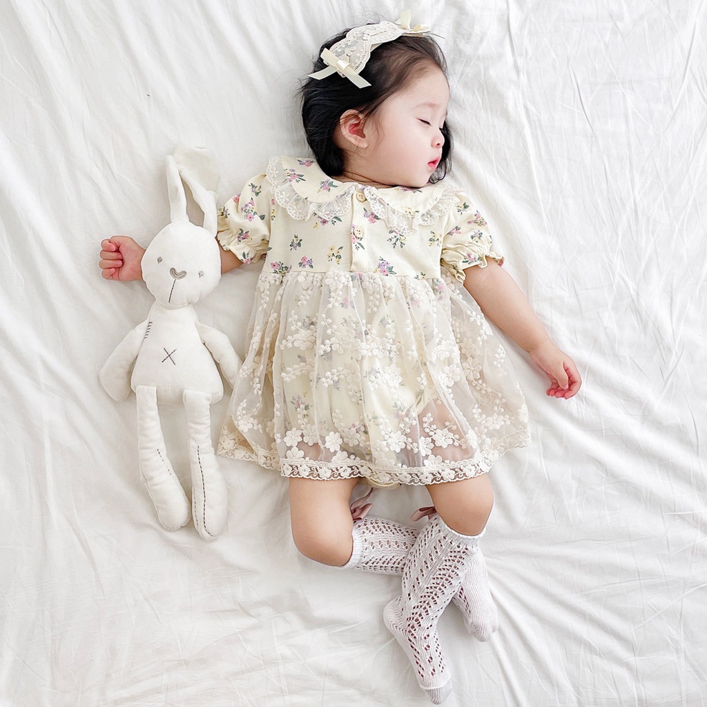 Áo Liền Quần Kiểu Đầm Liền Thân Phối Ren Hoa Thời Trang Mùa Hè Dành Cho Bé Sơ Sinh 2130