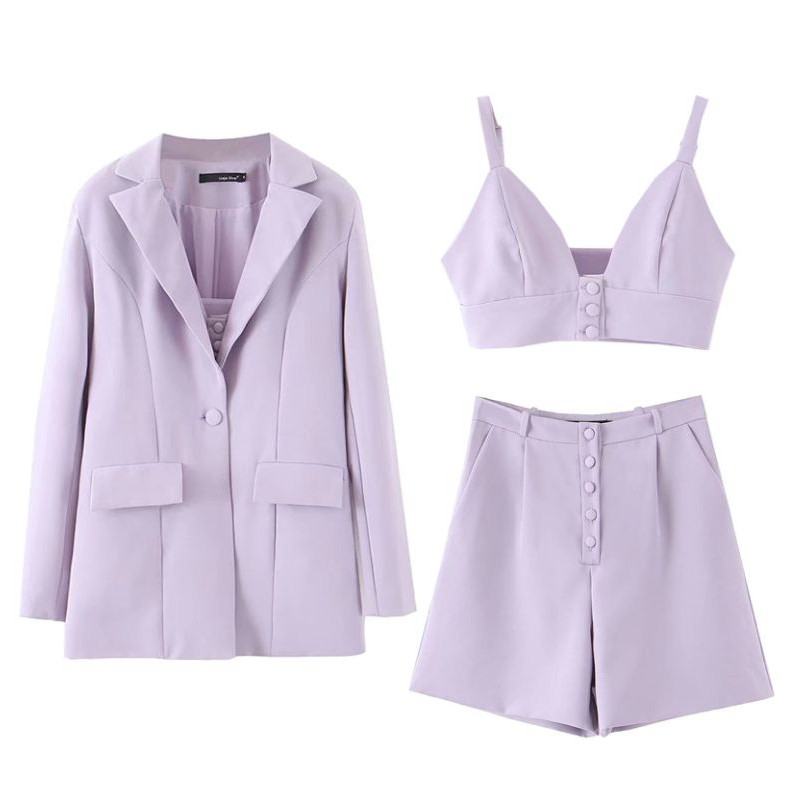 Set vest tím quần đùi đính cúc công sở