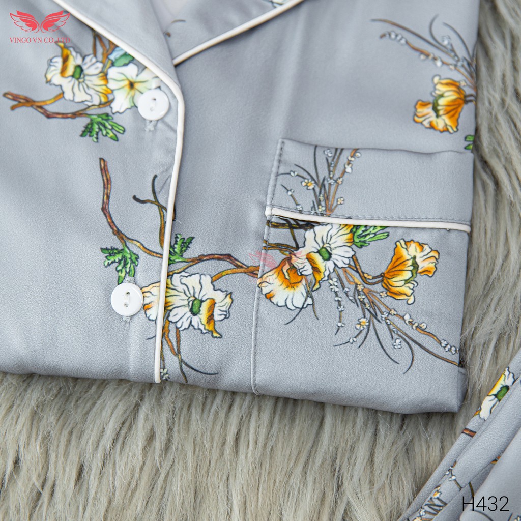 Bộ Pyjama Mặc Nhà Nữ VINGO Lụa Pháp Cao Cấp Tay Cộc Quần Lửng Họa Tiết Cành Hoa Tinh Tế Thanh Lịch H432 VNGO - TCQL | BigBuy360 - bigbuy360.vn
