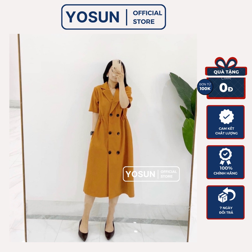Đầm Nữ Dự Tiệc Form Suông 6 Nút Đen Cổ Vest, Váy Nữ Công Sở Tay Ngắn Thanh Lịch Màu Vàng Nghệ
