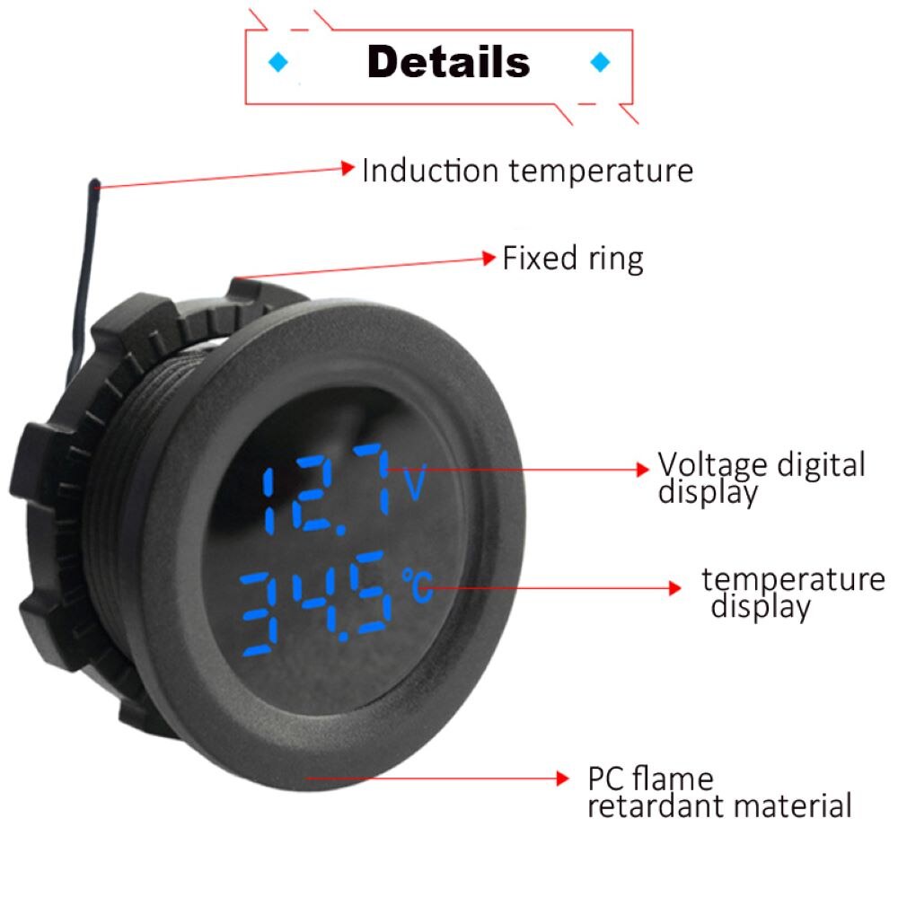 Vôn Kế 12-24V Hình Tròn Hiển Thị Nhiệt Độ Kỹ Thuật Số Cho Xe Hơi / Xe Máy / Tàu Thuyền