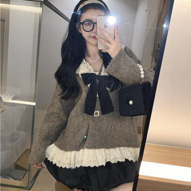 One Set Áo Khoác Cardigan + Chân Váy Lưng Cao Phong Cách Retro Cho Nữ