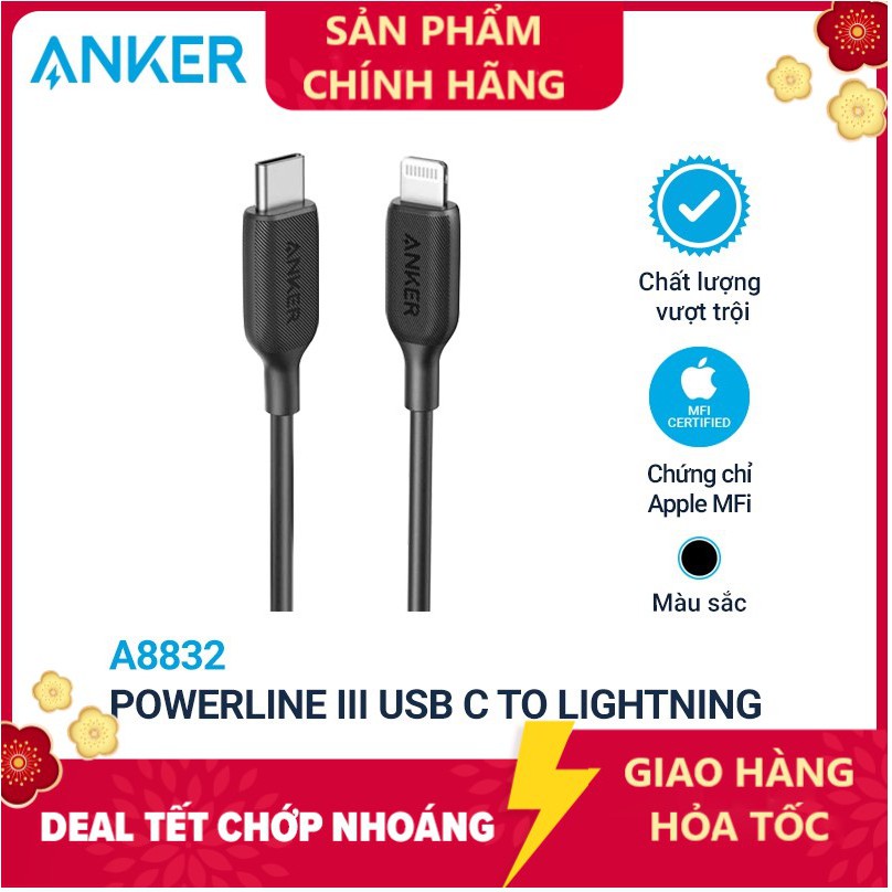 [ ANKERVN  ] Cáp Anker PowerLine III USB-C to Lightning, 0.9m - A8832 - Chuẩn MFI Type C to Lightning