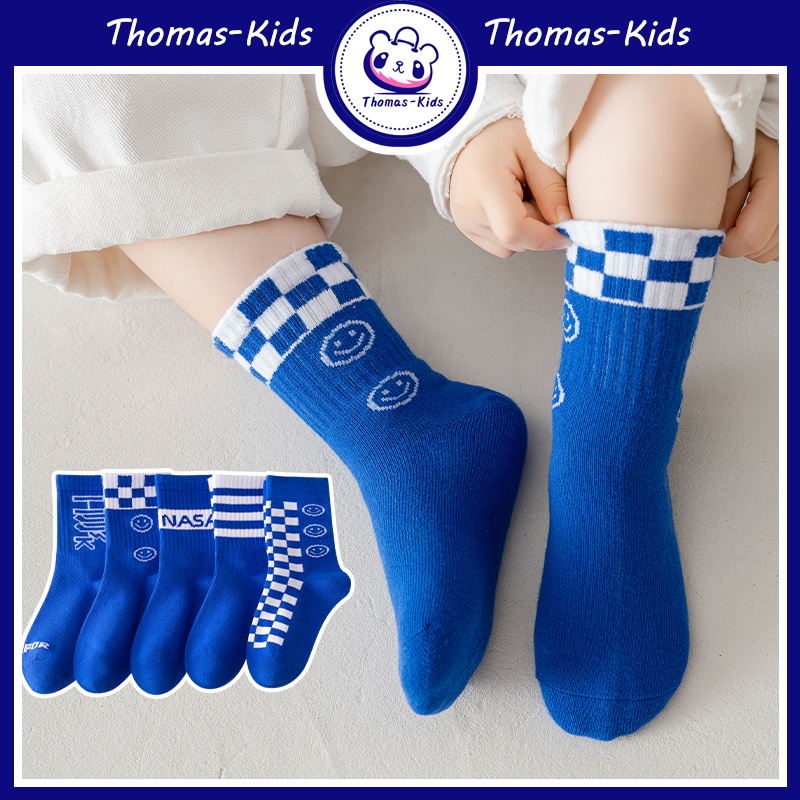 [THOMAS Kids] Set 5 Đôi Vớ Cotton Thoải Mái Họa Tiết Chữ Cái Nasa Màu Xanh Dương Cho Bé 1-12 Tuổi