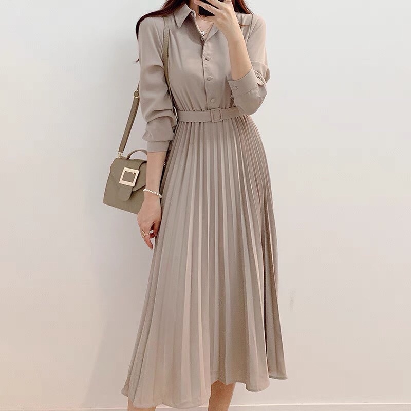 Váy liền dáng dài chân váy xếp ly