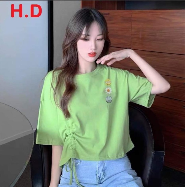 Áo croptop dây rút hoa cúc mặt cười HĐ12