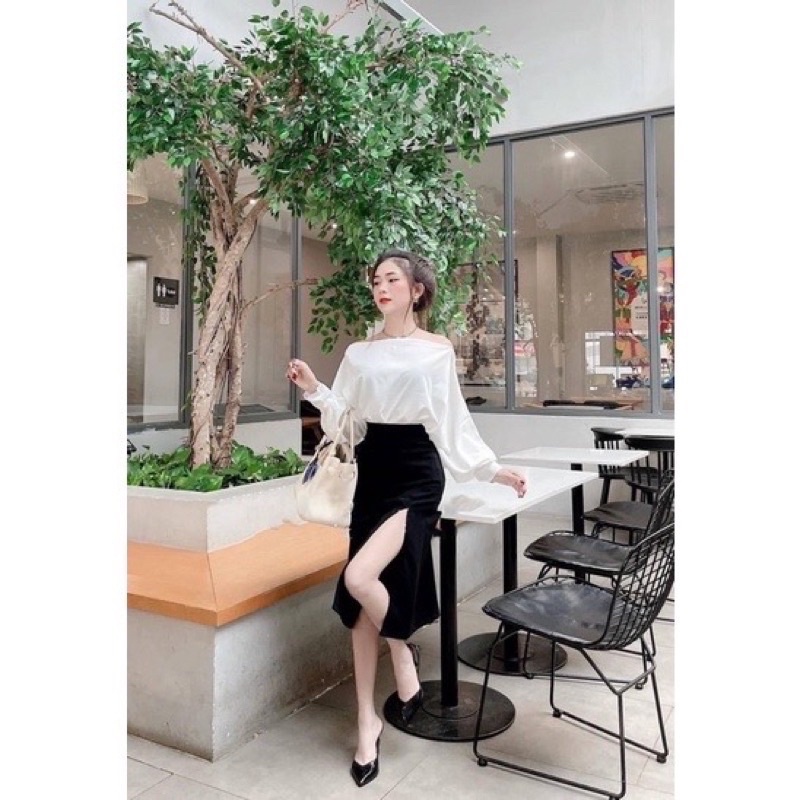 ✔️Set Váy Xẻ Tà + Croptop Tay Dài Trơn