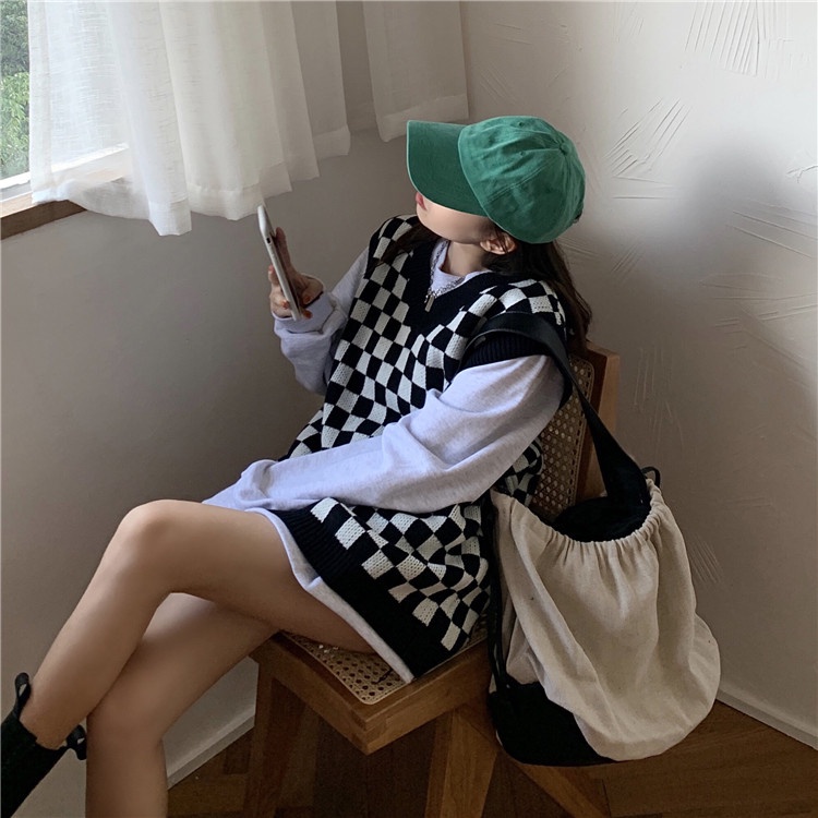 Áo dệt kim không tay cổ chữ V dáng rộng họa tiết sọc caro thời trang dành cho nữ