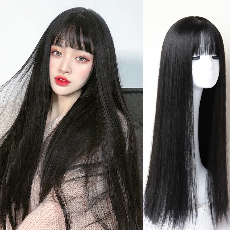Bộ Tóc Giả Dài Thẳng Màu Đen Kèm Mũ Đội Cho Nữ