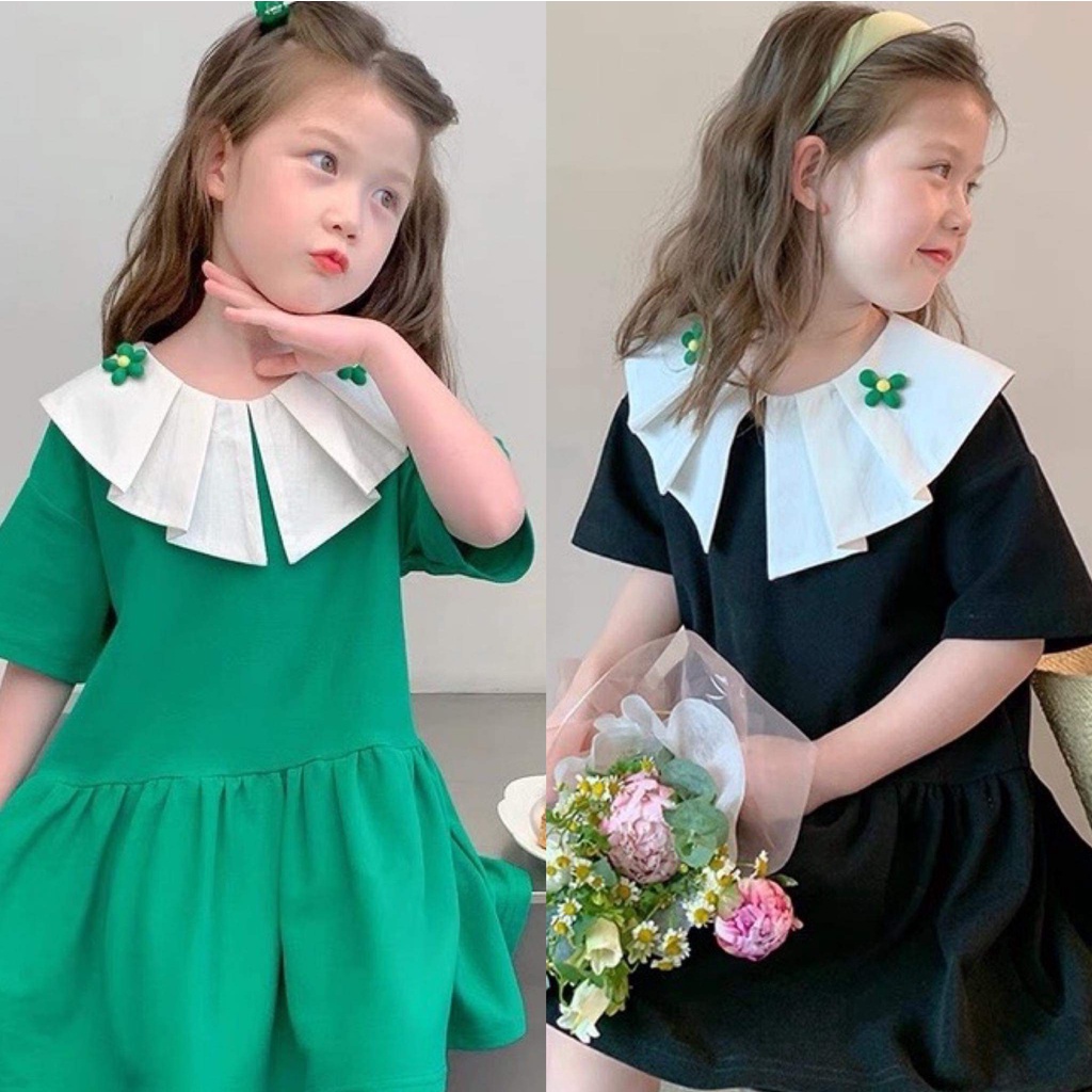Váy Xuông 2 Tầng Cổ Bánh Bèo Đính Hoa Chất Liệu Cotton Cho Bé Diện Hè Siêu Xinh