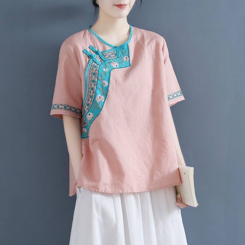 Áo Sơ Mi Cotton Lanh Tay Ngắn Dáng Rộng Cài Nút Thêu Hình Đĩa Trà Trung Hoa Thời Trang Mùa Hè Hàng Mới Dành Cho Bạn Nữ 2022