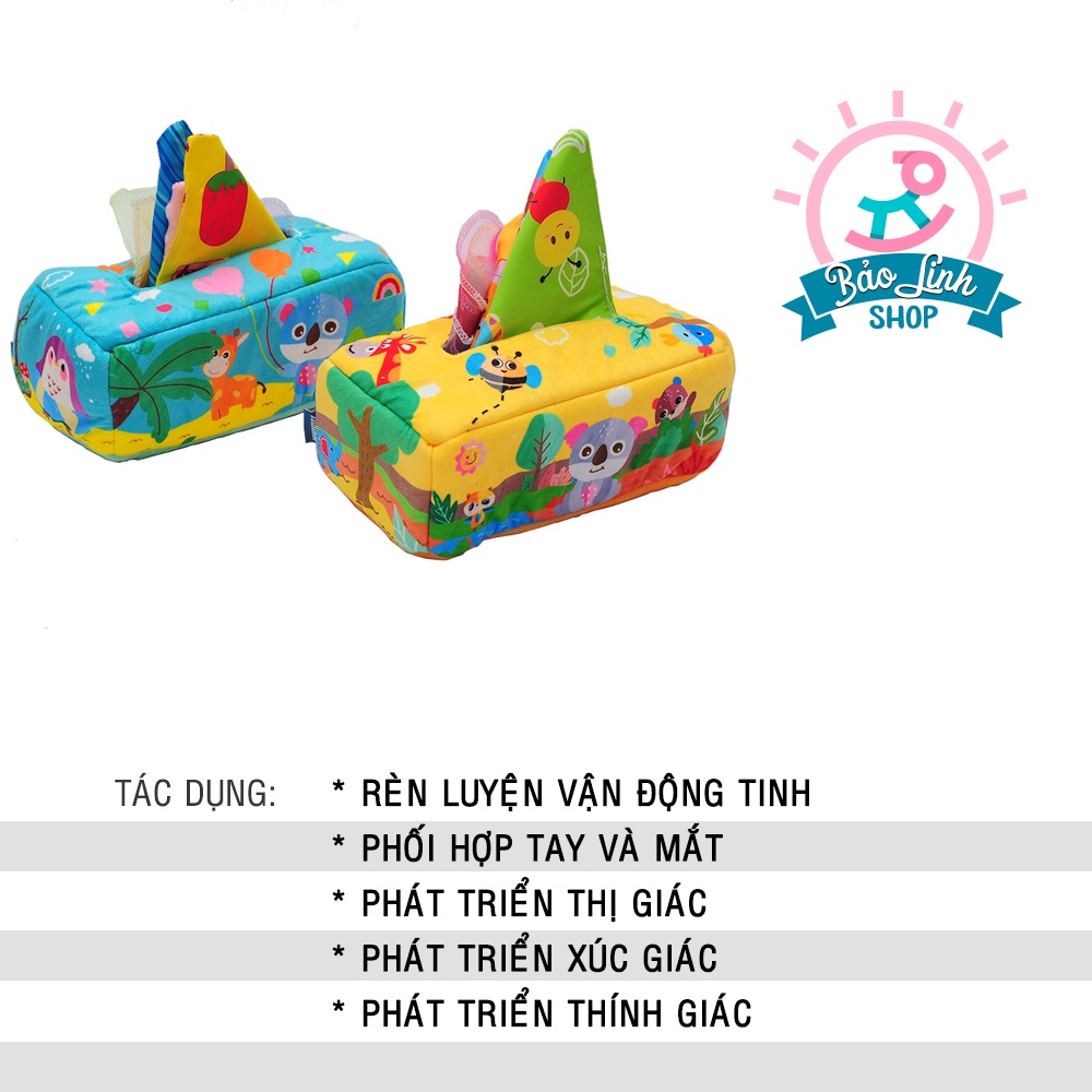 Đồ chơi sơ sinh cho bé  9-12 tháng - Hộp rút vải phát triển ĐA GIÁC QUAN , thị giác, thính giác, xúc giác