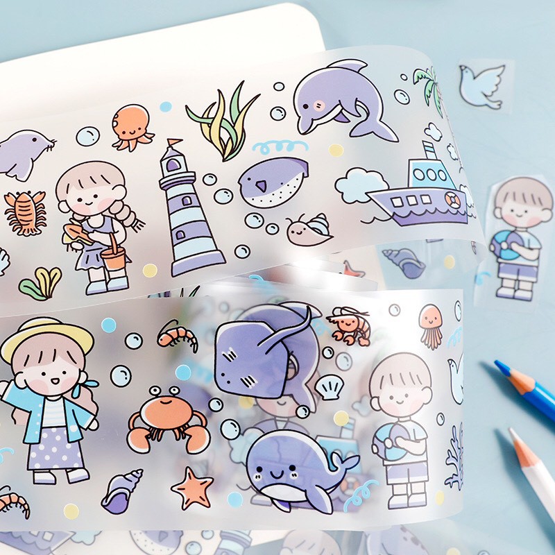 Washi tape chiết lẻ chu kỳ từ cuộn washi cute rộng 6cm dán sổ mũ bảo hiểm trang trí sổ tay dạng trong chống nước WS17-C