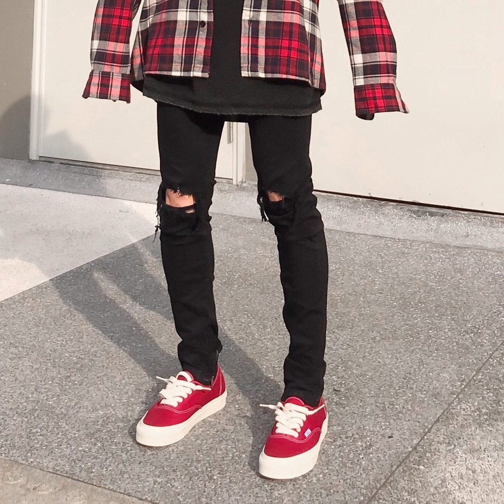 Quần jean nam streetwear cao cấp FNOS Z9 màu đen rách gối form slimfit có zip jean co giãn | BigBuy360 - bigbuy360.vn