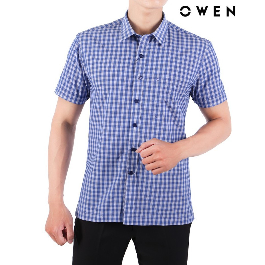 Áo Sơ Mi Nam Ngắn Tay Owen BA22555NT Sơ Mi Cộc Tay Công Sở Cao Cấp Màu Trắng Kẻ Caro Xanh Đậm Vải Sợi Tre Dáng Body Fit | BigBuy360 - bigbuy360.vn