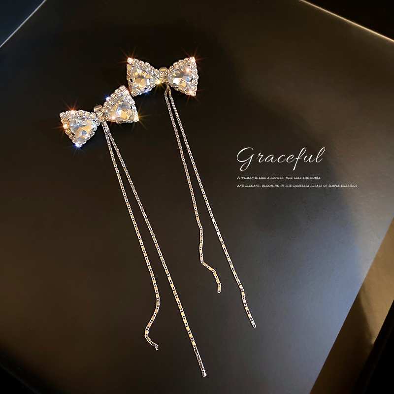 Khuyên Tai Dáng Dài Đính Đá Phối Nơ Tua Rua Lấp Lánh Phong Cách Hàn Quốc Thời Trang