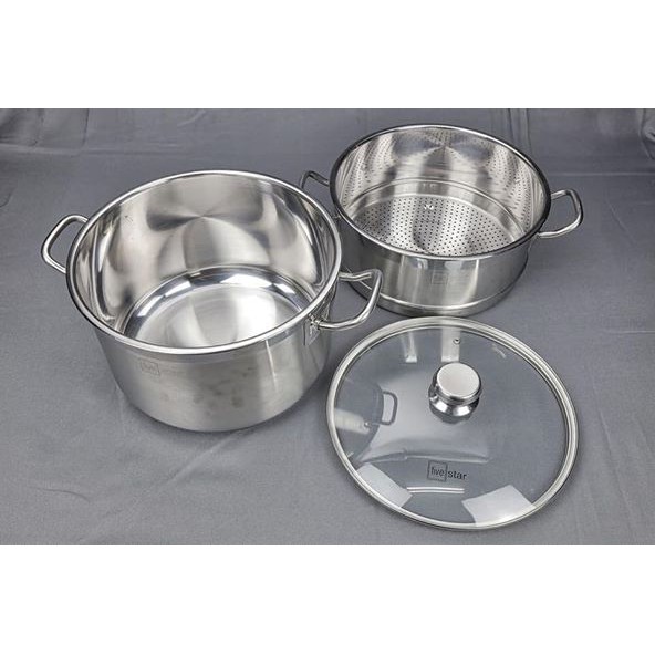 Bộ nồi xửng hấp Inox 3 đáy Fivestar 26cm nắp kính dùng bếp từ