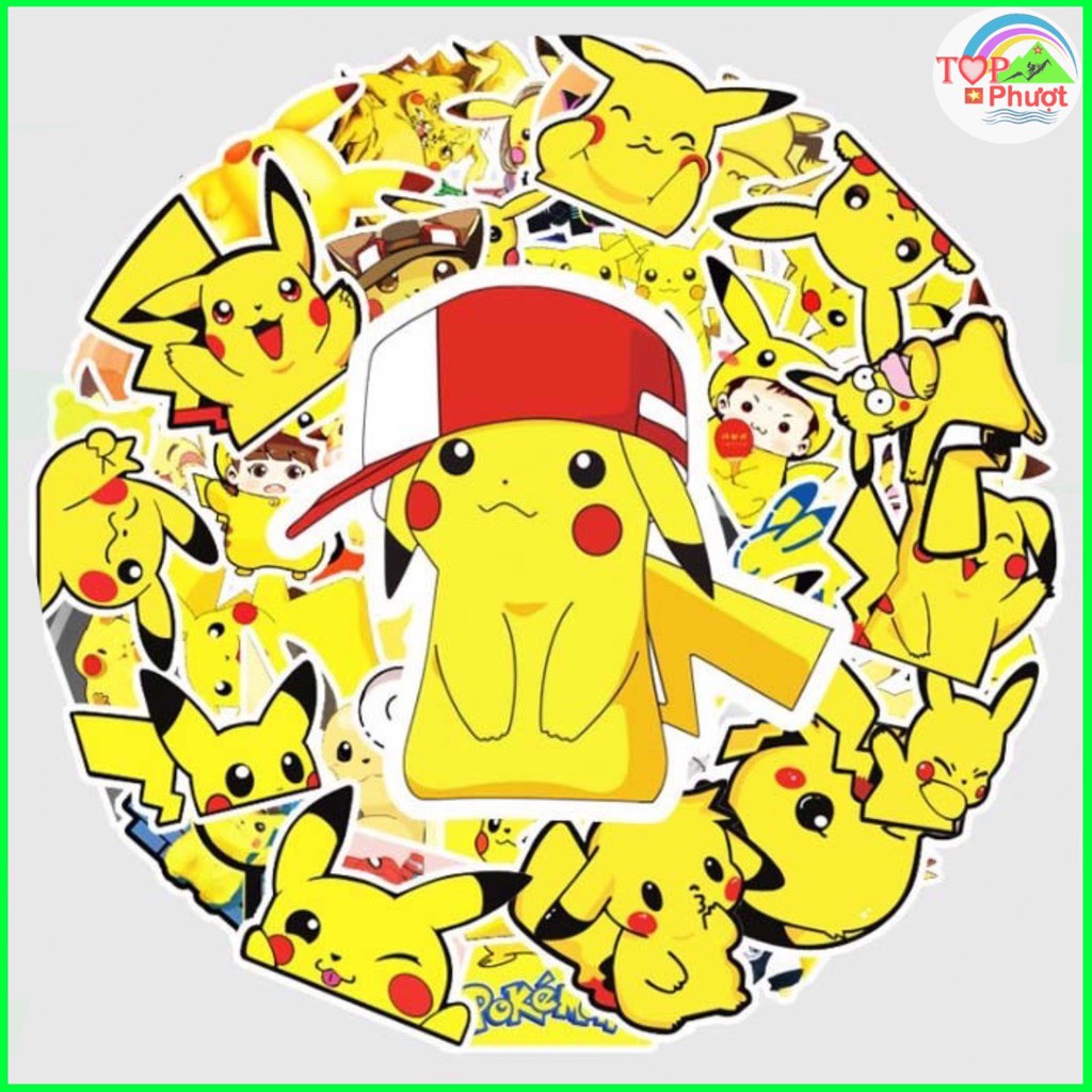 [Bộ 50 Cái] Miếng sticker cute chủ đề Pikachu - dán nón bảo hiểm, vali, laptop loại chống nước - M006