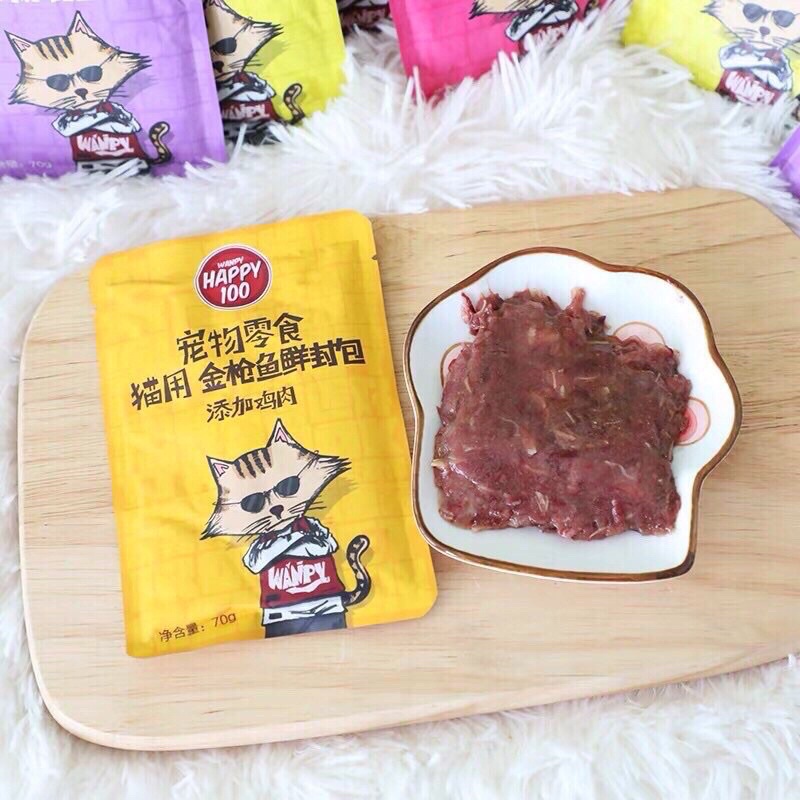 Pate Wanpy Happy 100 gói 70gr- Pate Cho Mèo Gồm 6 Vị Có Sợi Thịt Bên Trong - 100% Tự Nhiên