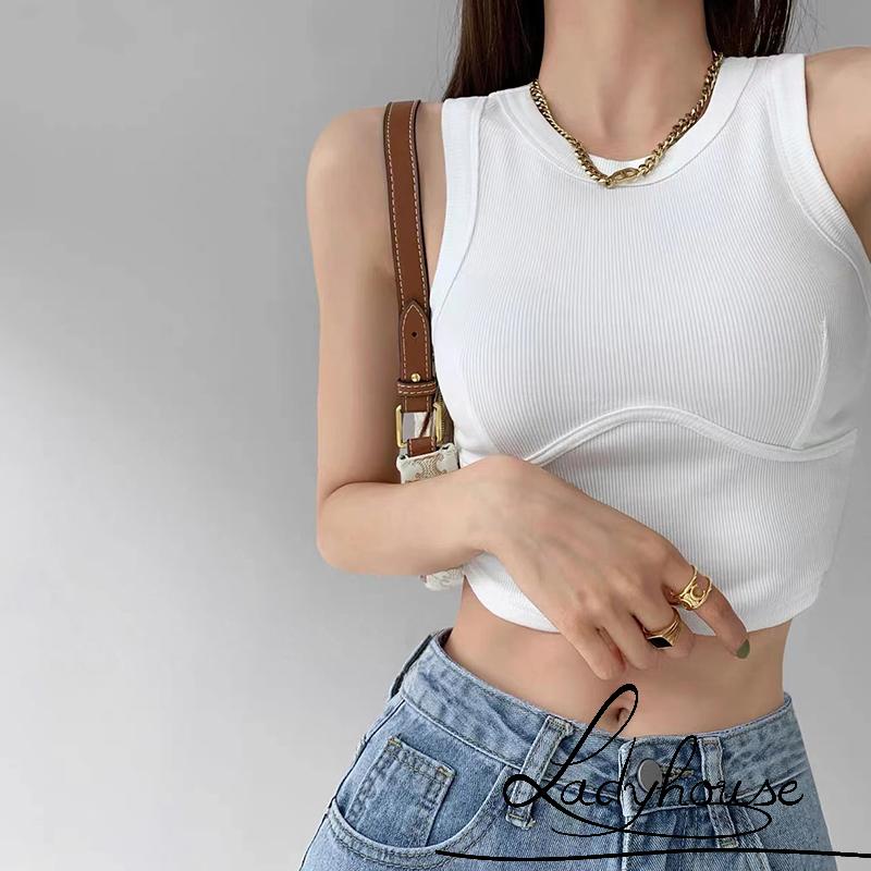 LD-Women Push Up Crochet Vest, Solid Color Round Neck Ribbed Cropped Tank Tops, Black/ White/ Coffee